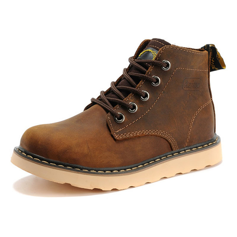 Flat Bottom Mid-top Leather Martin Boot - Brown