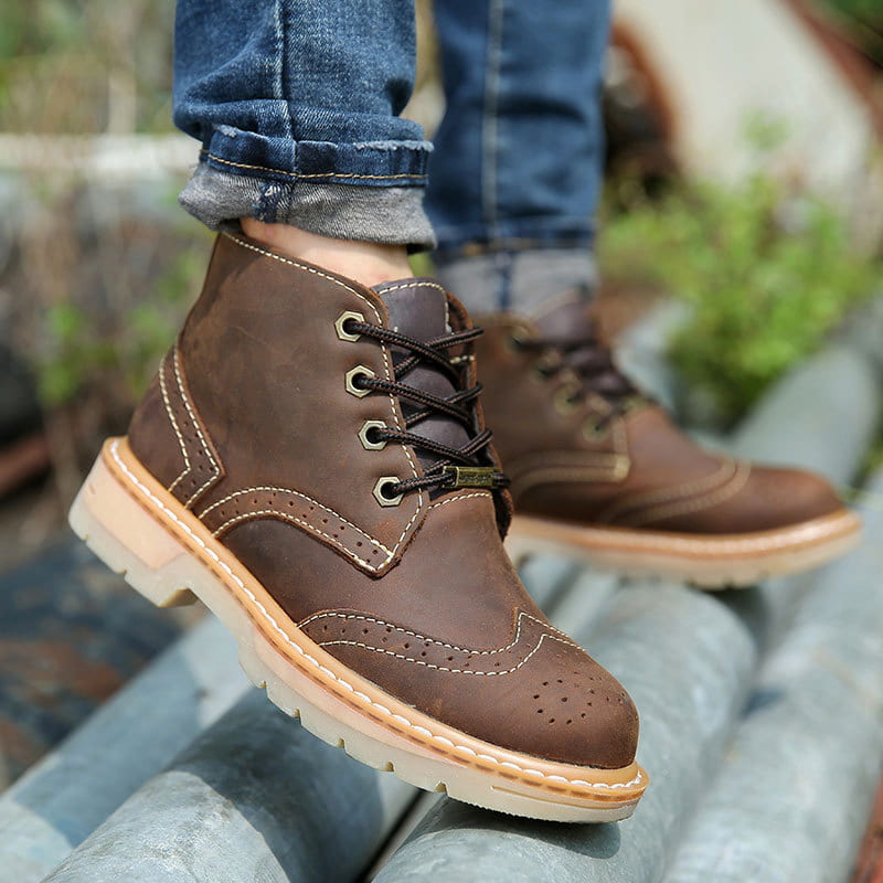 Genuine Leather Brogue Rider Martin Boot - Dark Brown