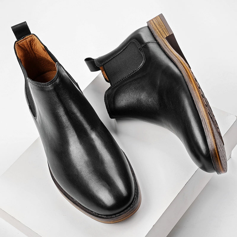 Round Toe Mid-top Leather Chelsea Boot - Black