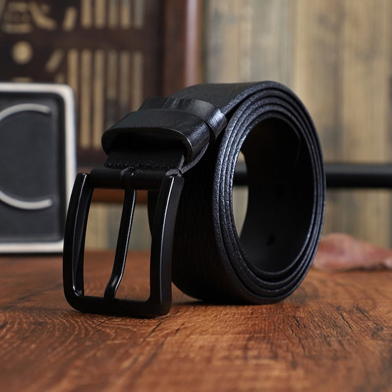 Genuine Leather Black Pin Buckle Belt - Black