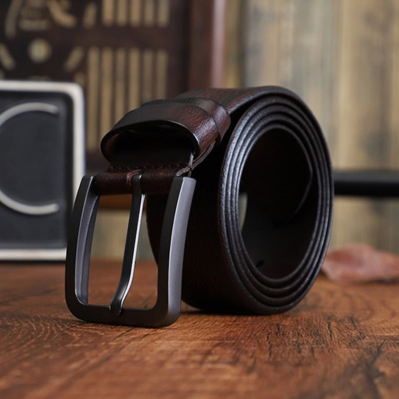 Genuine Leather Black Pin Buckle Belt - Coffee