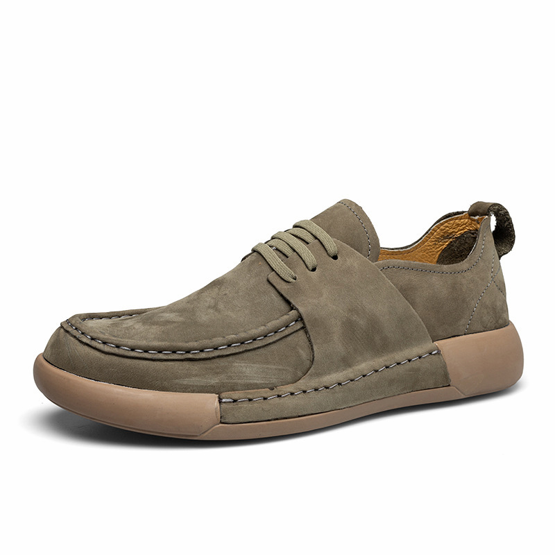 Round Head All Match Soft Leather Casual Shoe - Khaki Green