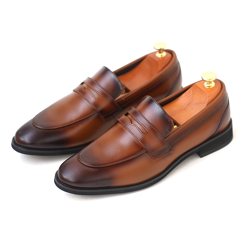 Genuine Leather Pointed Toe Slip-on Formal Shoe - Brown