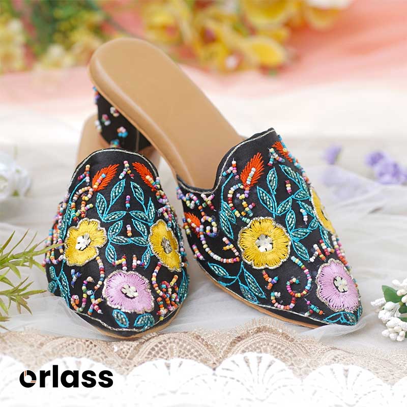 Orlass Emmeline Floral Heel Mule - Black