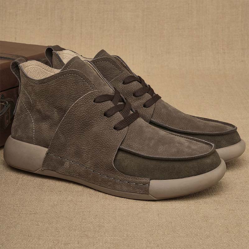 Round Head Mid-top Leather Retro Casual Shoe - Gray