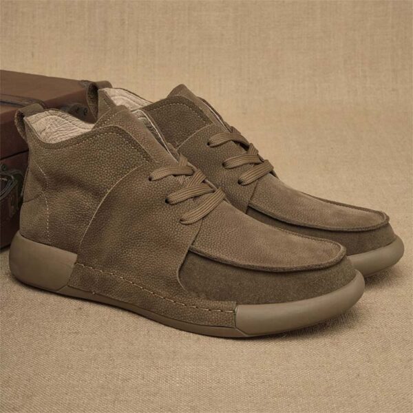 Round Head Mid-top Leather Retro Casual Shoe - Khaki