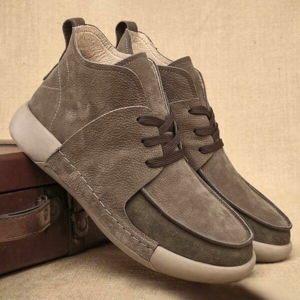 Round Head Mid-top Leather Retro Casual Shoe - Khaki