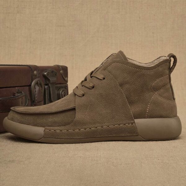 Round Head Mid-top Leather Retro Casual Shoe - Khaki