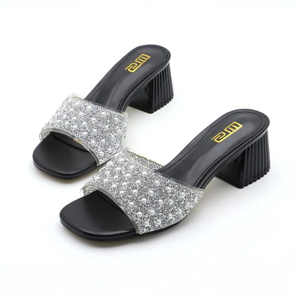 All-Match Stone Work Glitter Block Heel - Black