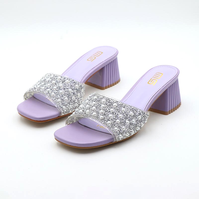 All-Match Stone Work Glitter Block Heel - Purple