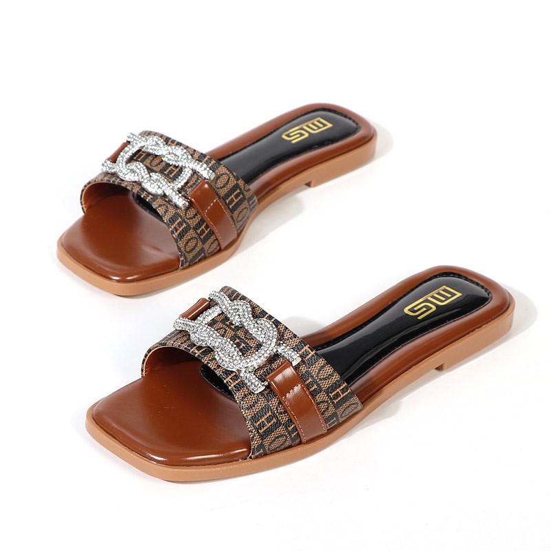 All Match Trendy Rhinestone Flat Slider - Brown