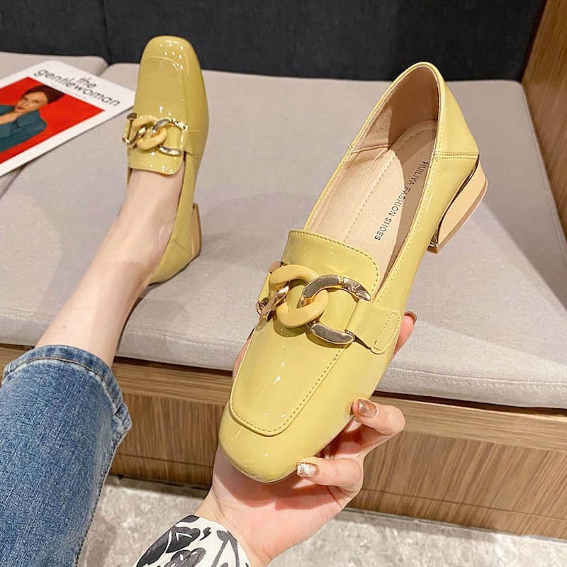 British Style Glossy Versatile Heel Loafer - Lemon