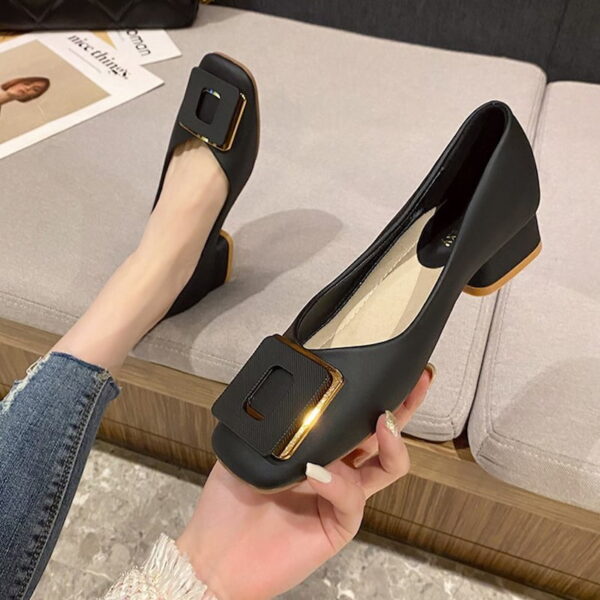 British Trend Square Buckle Heel Pump Shoe - Black