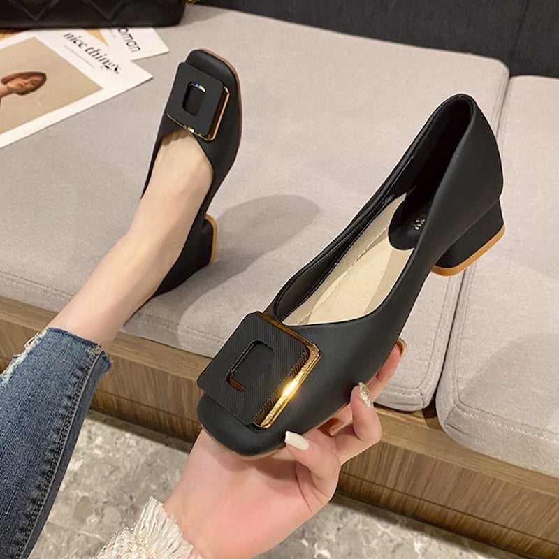 British Trend Square Buckle Heel Pump Shoe - Black