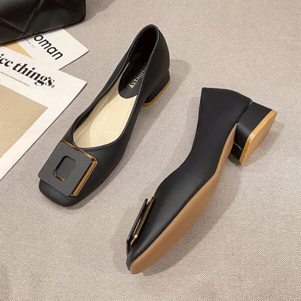 British Trend Square Buckle Heel Pump Shoe - Black