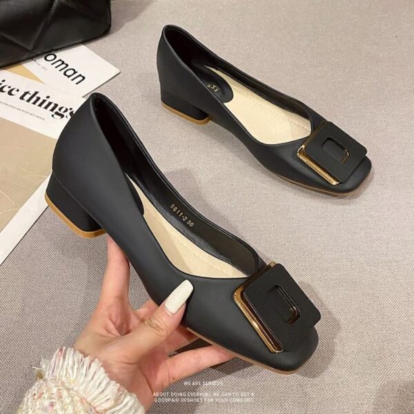 British Trend Square Buckle Heel Pump Shoe - Black