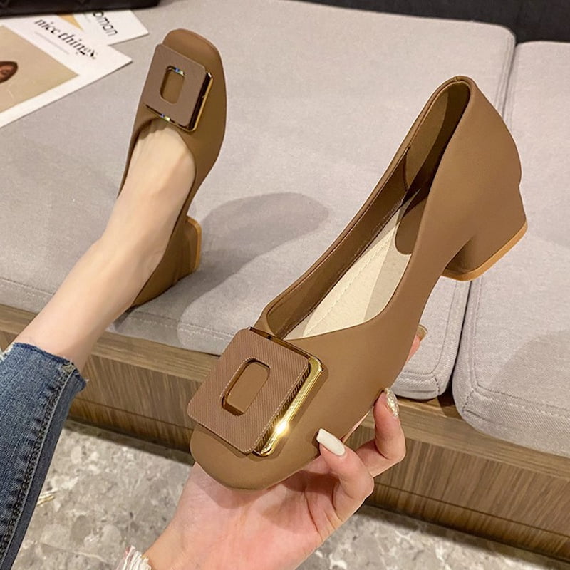 British Trend Square Buckle Heel Pump Shoe - Brown