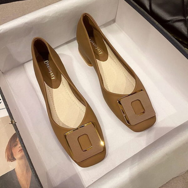 British Trend Square Buckle Heel Pump Shoe - Brown