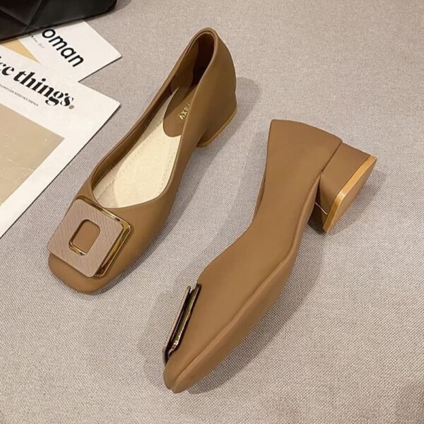 British Trend Square Buckle Heel Pump Shoe - Brown