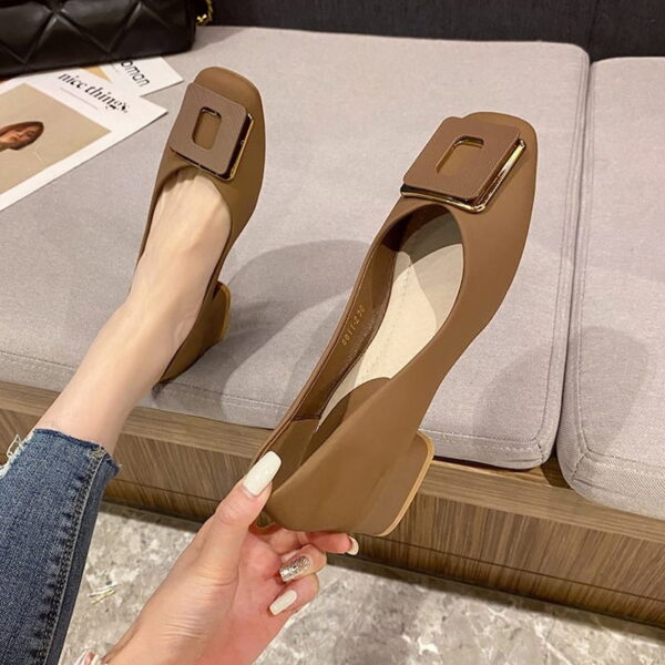 British Trend Square Buckle Heel Pump Shoe - Brown