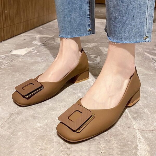 British Trend Square Buckle Heel Pump Shoe - Brown