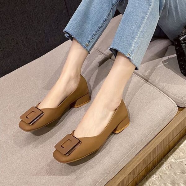 British Trend Square Buckle Heel Pump Shoe - Brown