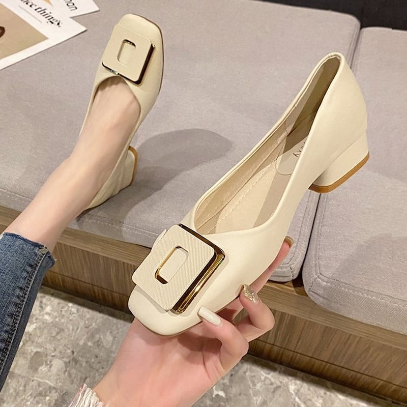 British Trend Square Buckle Heel Pump Shoe - Beige
