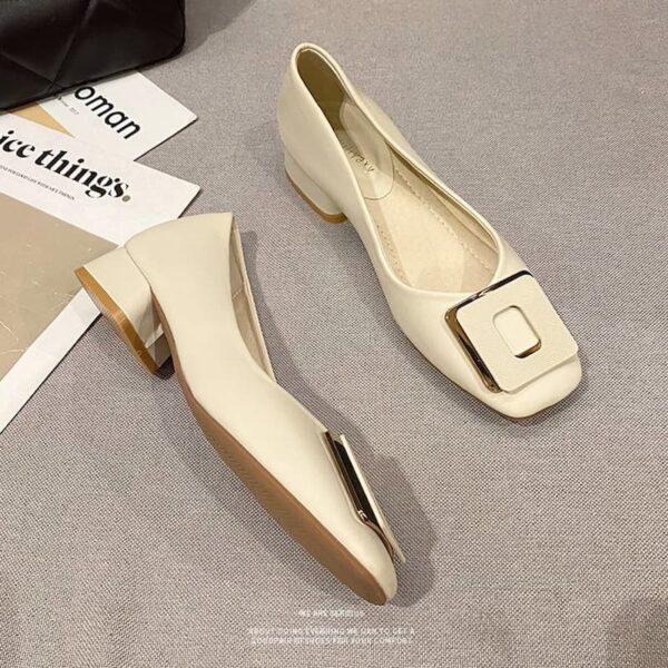 British Trend Square Buckle Heel Pump Shoe - Beige