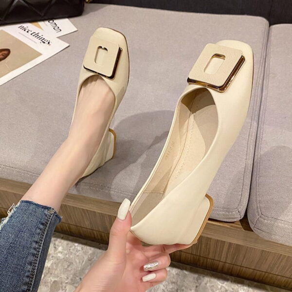 British Trend Square Buckle Heel Pump Shoe - Beige