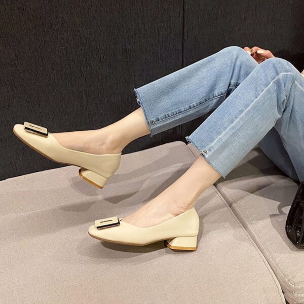 British Trend Square Buckle Heel Pump Shoe - Beige