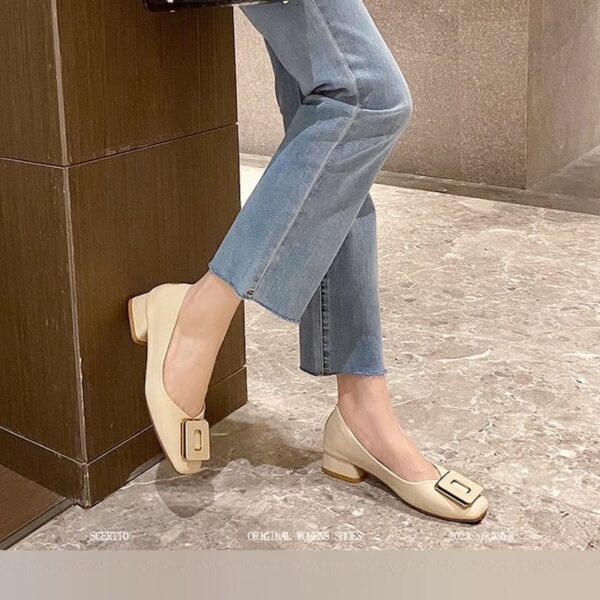British Trend Square Buckle Heel Pump Shoe - Beige