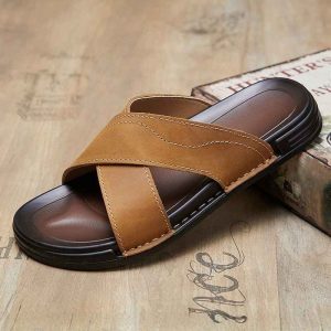 Cross Strap Festive Trend Leather Sandal – Brown