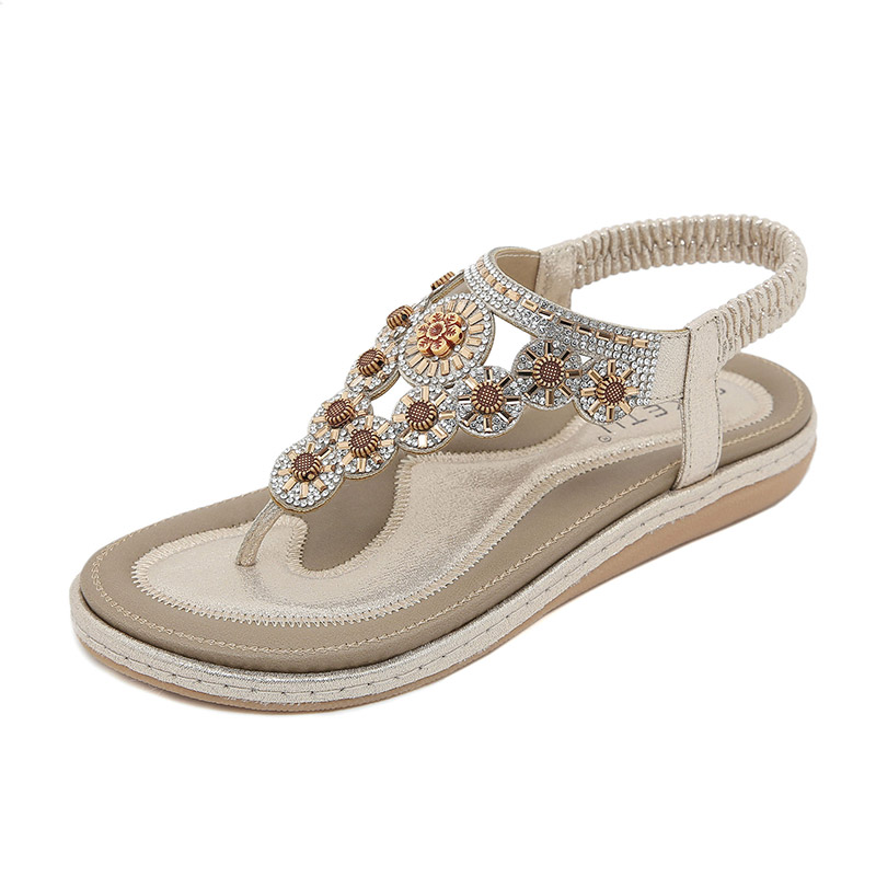 European Trend Flat-soled Ethnic Beach Sandal - Beige