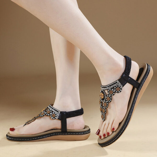 European Trend Flat-soled Ethnic Beach Sandal - Black