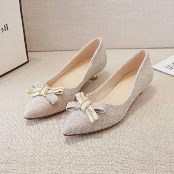Fairy Bow Pointed Mid-Heel Pump Shoe – Beige