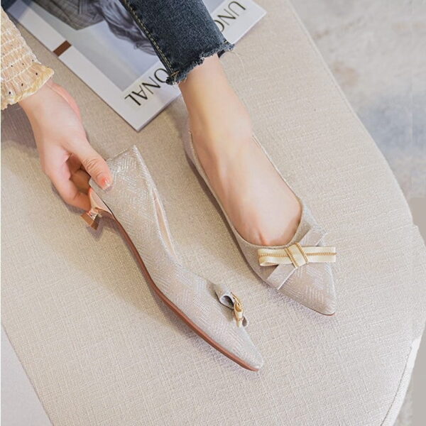 Fairy Bow Pointed Mid-Heel Pump Shoe – Beige