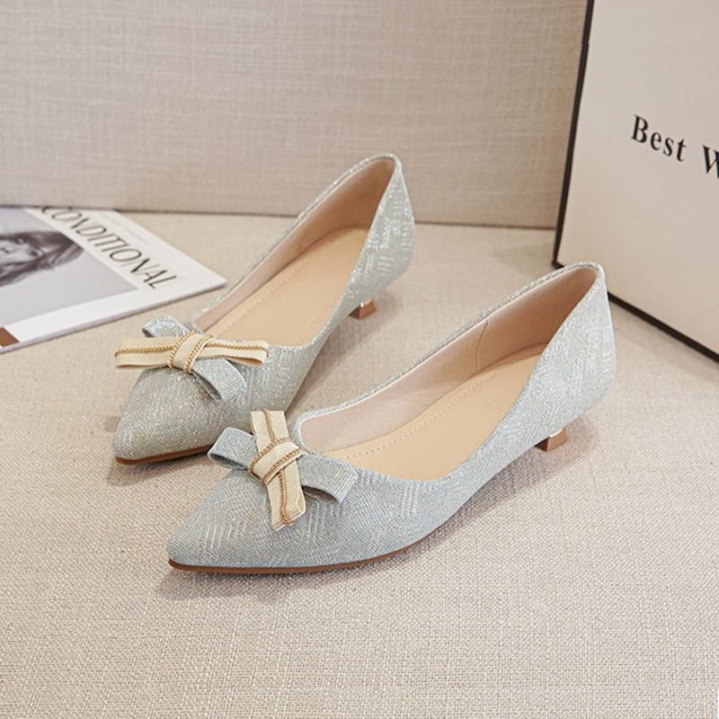 Fairy Bow Pointed Mid-Heel Pump Shoe – Light Blue