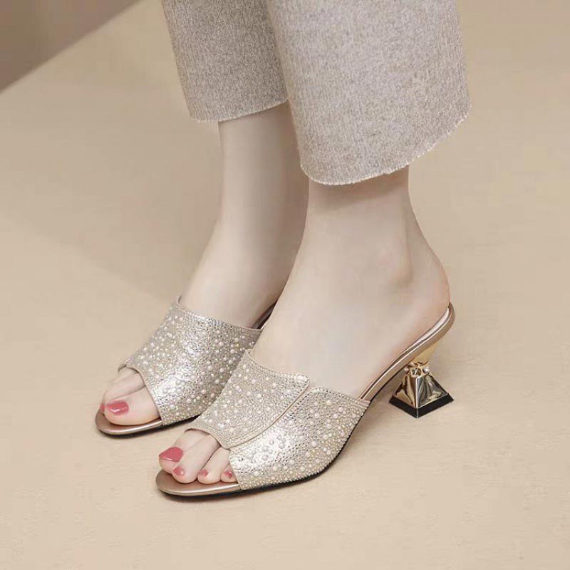 French Style Rhinestone Outdoor Mid Heel - Golden