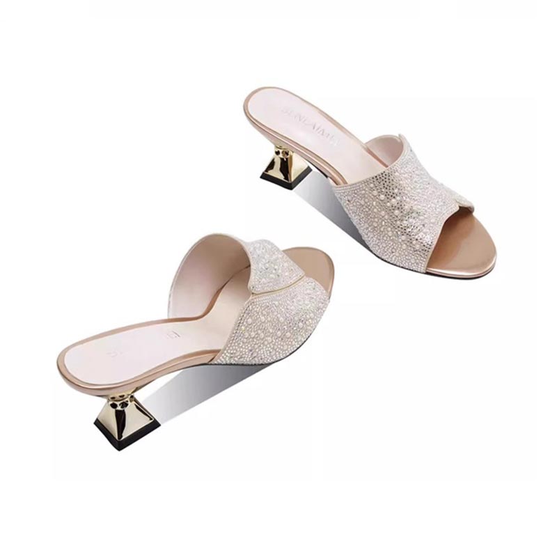 French Style Rhinestone Outdoor Mid Heel - Golden