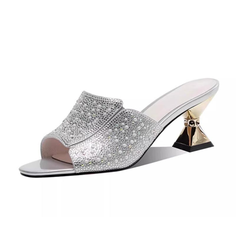 French Style Rhinestone Outdoor Mid Heel - Silver