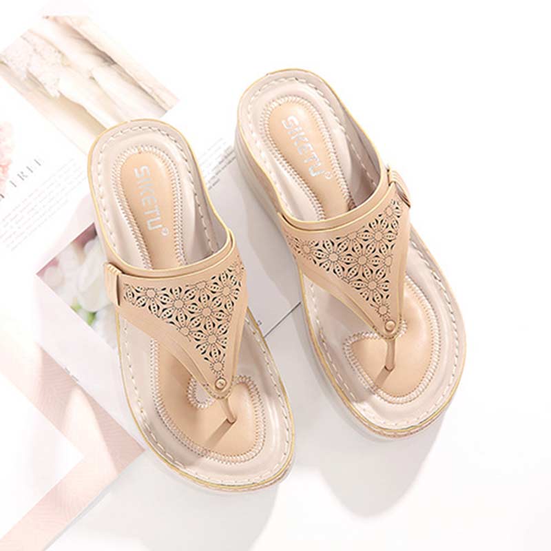 Lightweight Mid Heel Wedge Sandal - Beige