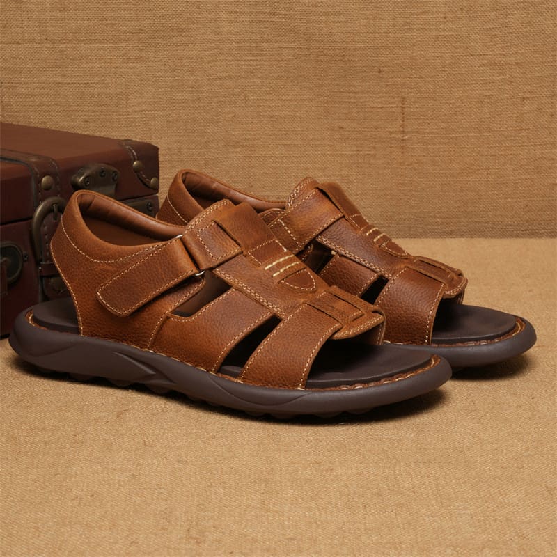 Open Toe Comfortable Leather Casual Sandal - Brown