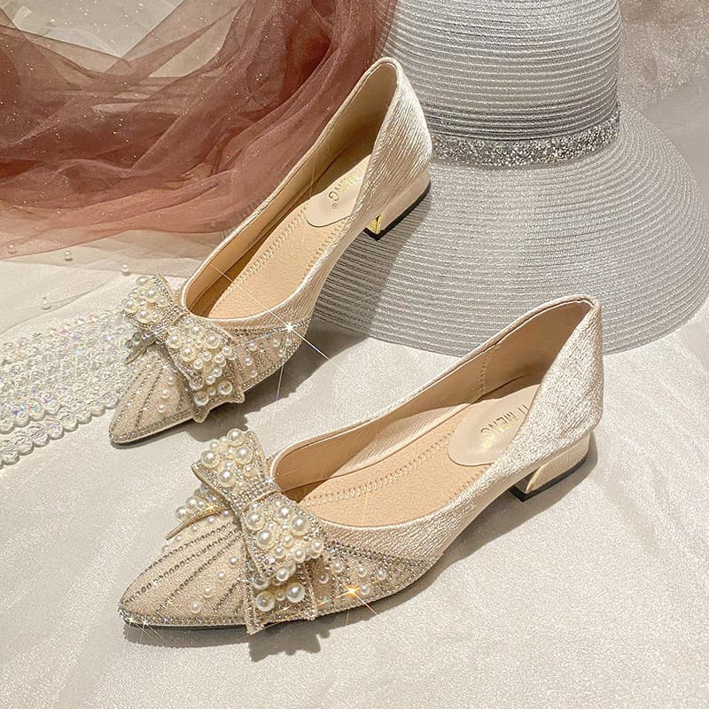 Pointed Toe Pearl Stone Mid-Heel Pump Shoe - Beige