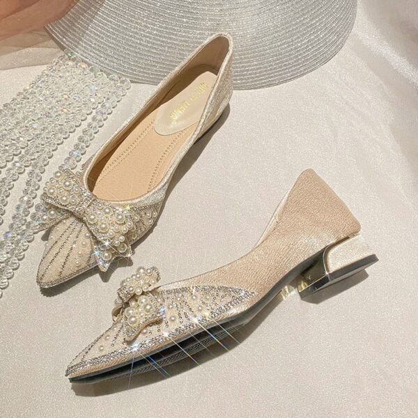 Pointed Toe Pearl Stone Mid-Heel Pump Shoe - Beige