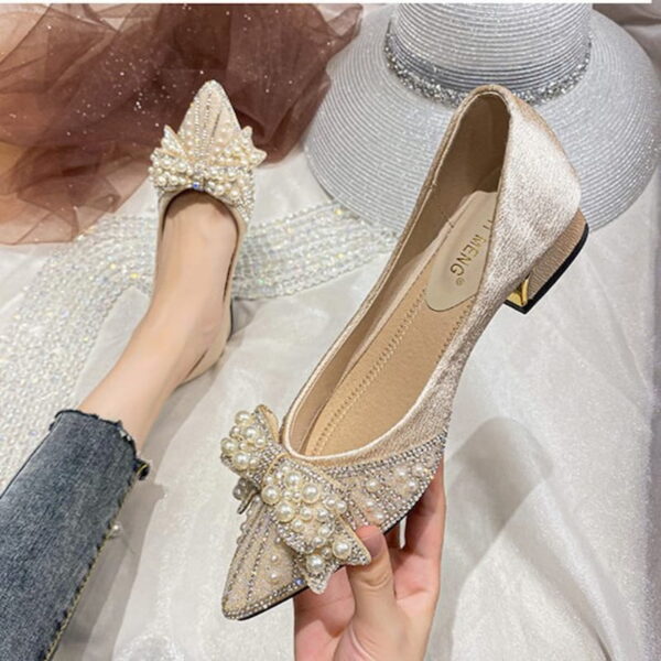 Pointed Toe Pearl Stone Mid-Heel Pump Shoe - Beige