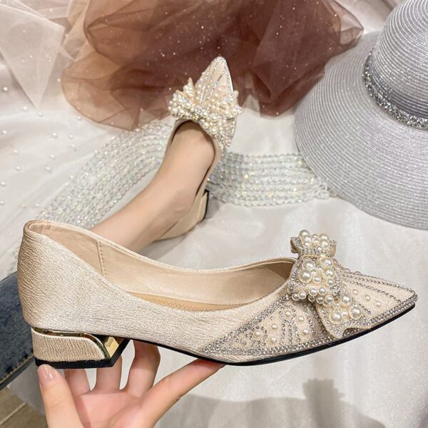 Pointed Toe Pearl Stone Mid-Heel Pump Shoe - Beige