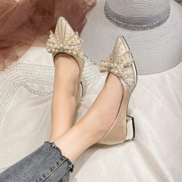 Pointed Toe Pearl Stone Mid-Heel Pump Shoe - Beige