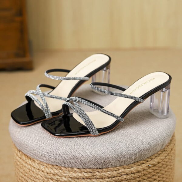 Rhinestone Transparent Strap High Heel - Black