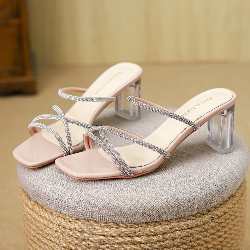 Rhinestone Transparent Strap High Heel - Pink