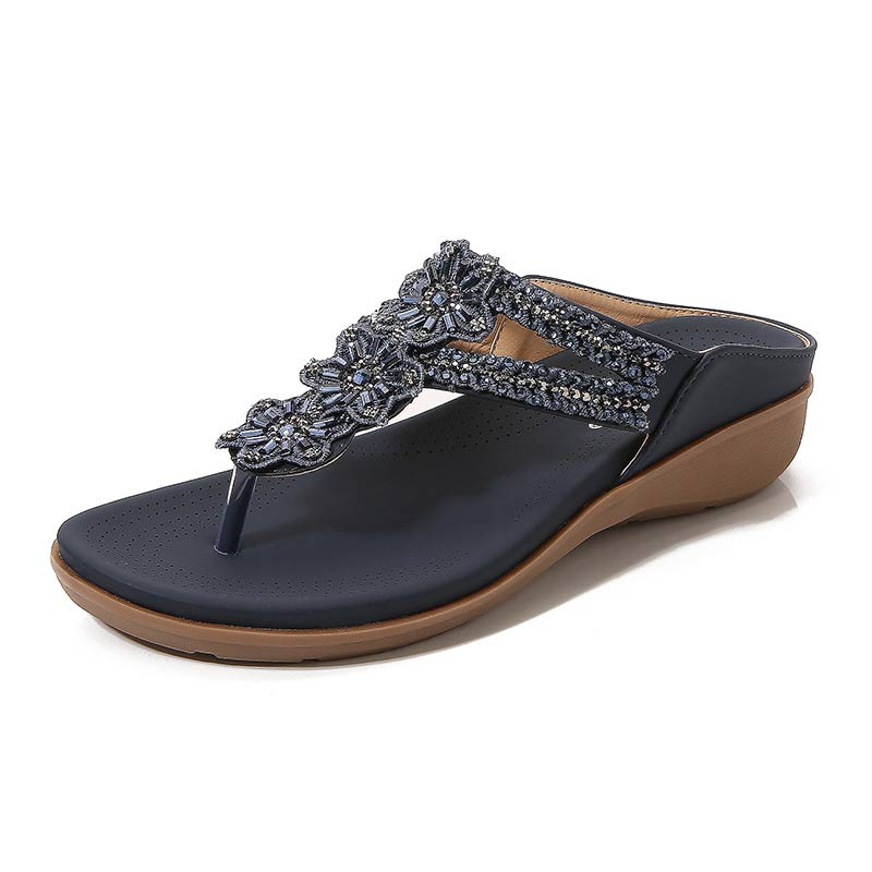 Soft Bottom Versatile Flower Beaded Sandal - Navy Blue